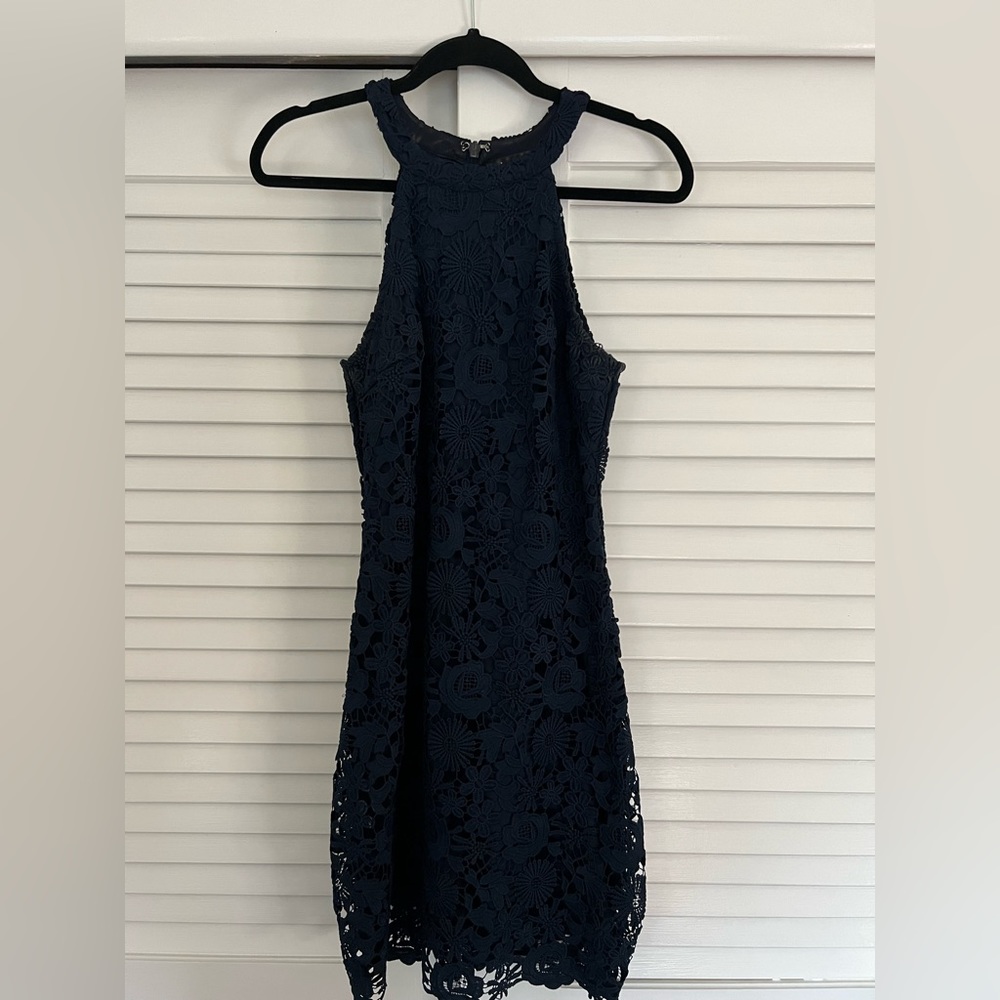 Lulu’s navy lace high neck mini dress